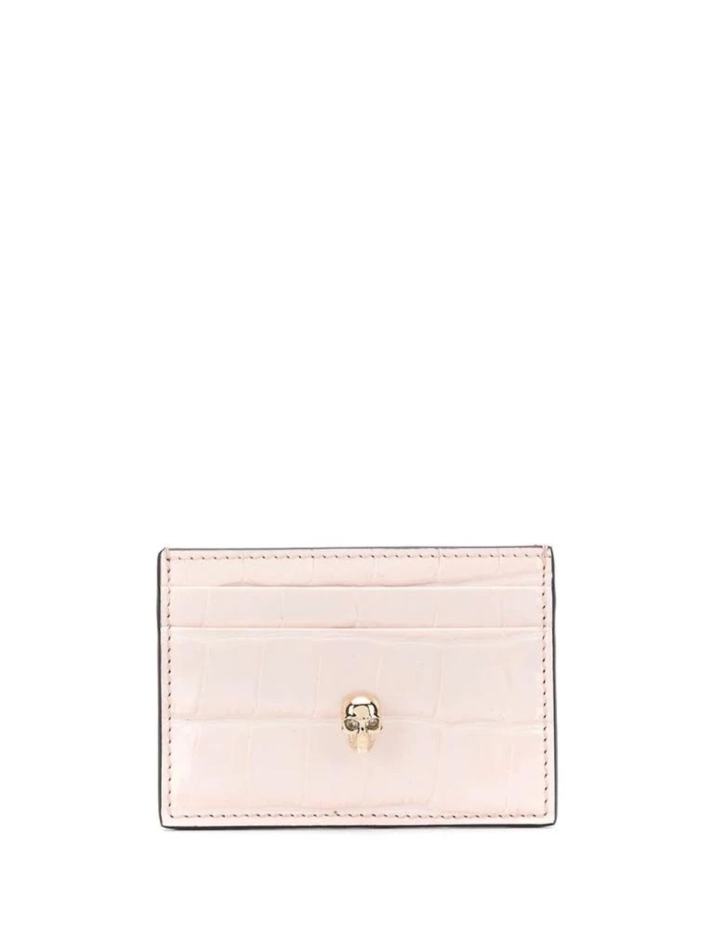 Alexander McQueen Pale Pink Croc-Embossed Leather Card Holder with Gold Skull